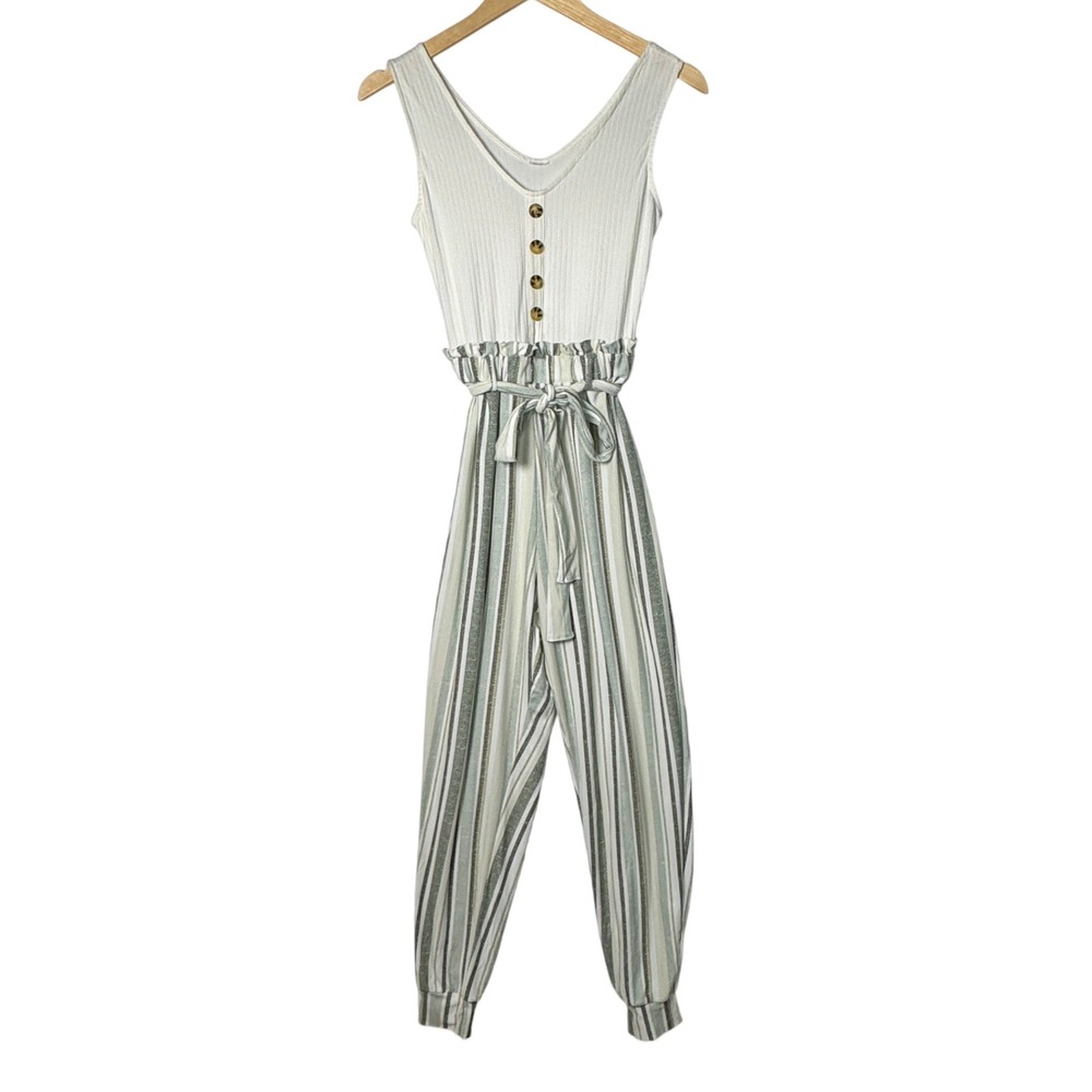 Womens Small Striped‎ Jumpsuit Sleeveless Tie Waist Button Front Casual Summer